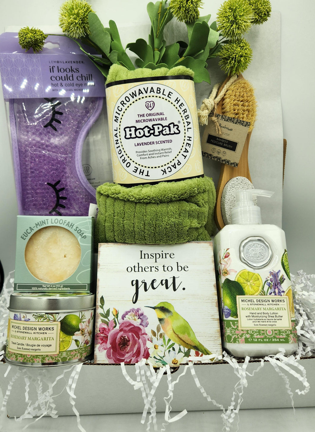 Self care gift box

Spa gift basket

Relaxation gift set

Wellness box for her

Lavender heat pack gift

Bath and body gift set

Inspirational gift box

Pampering gift basket

Birthday spa gift

Get well soon gift box