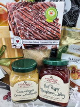 Load image into Gallery viewer, gourmet gift basket, snack gift set, holiday gift box, Stonewall Kitchen gift, pretzel and dip set, foodie gift, hostess gift, caramel dip, raspberry jelly, mustard gift set, handmade gift basket, kitchen gift
