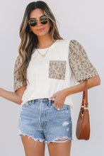 Load image into Gallery viewer, White Leopard Patchwork Crochet Lace Trim Puff Sleeve T Shirt
