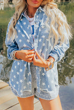 Load image into Gallery viewer, Sky Blue Star Print Light Wash Raw Hem Denim shirt
