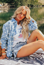 Load image into Gallery viewer, Sky Blue Star Print Light Wash Raw Hem Denim shirt
