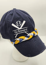 Load image into Gallery viewer, Go Brewers hat, Brewers baseball cap, navy Brewers hat, braided band baseball cap, distressed Brewers hat, Milwaukee Brewers fan gear, women’s Brewers hat, men’s Brewers cap, sporty game day hat, Brewers accessories

