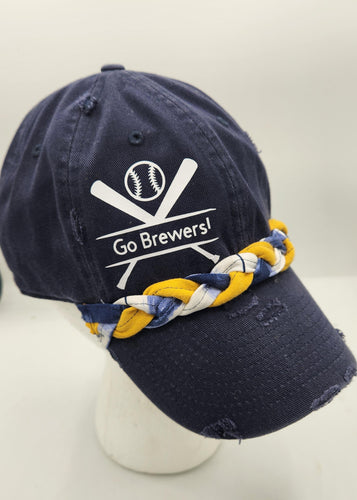 Go Brewers hat, Brewers baseball cap, navy Brewers hat, braided band baseball cap, distressed Brewers hat, Milwaukee Brewers fan gear, women’s Brewers hat, men’s Brewers cap, sporty game day hat, Brewers accessories
