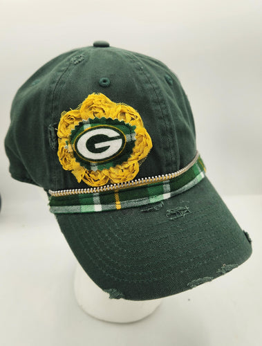 packers baseball cap, distressed hat, green bay packers apparel, packers upcycled hat, re-purposed