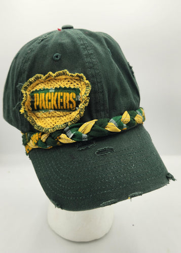 packers baseball cap, distressed hat, green bay packers apparel, packers upcycled hat, re-purposed