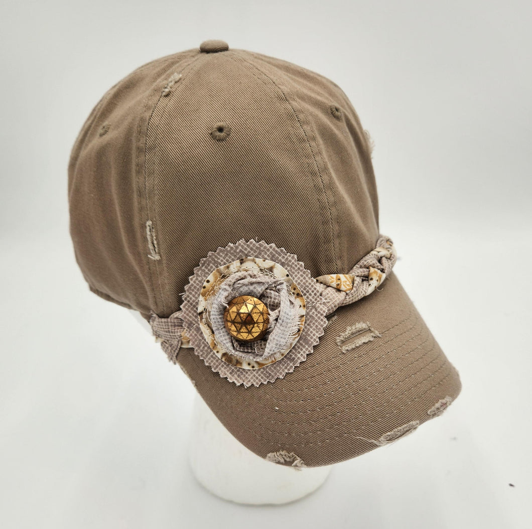 distressed baseball cap, vintage hat, boho hat, handmade hat,  shabby chic hat, rustic style hat, women’s casual hat, adjustable baseball cap, boutique fashion accessories 

