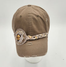 Load image into Gallery viewer, distressed baseball cap, vintage hat, boho hat, handmade hat,  shabby chic hat, rustic style hat, women’s casual hat, adjustable baseball cap, boutique fashion accessories 


