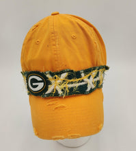 Load image into Gallery viewer, embellished baseball cap, handmade hats, women’s cadat hat, baseball trucker distressed hat, ball cap, josie t. designs, upcycled women’s hat,  packer hat, handmade packer hat, packer accessories
