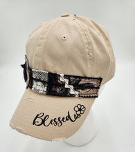 Load image into Gallery viewer, embellished baseball cap, handmade hats, women’s cadat hat, baseball trucker distressed hat, ball cap, josie t. designs, upcycled women’s hat, 
