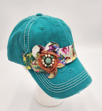Load image into Gallery viewer, embellished baseball cap, handmade hats, women’s cadat hat, baseball trucker distressed hat, ball cap, josie t. designs, upcycled women’s hat, vintage washed distressed ball cap
