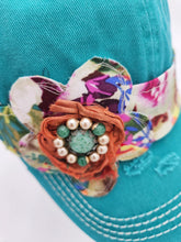 Load image into Gallery viewer, embellished baseball cap, handmade hats, women’s cadat hat, baseball trucker distressed hat, ball cap, josie t. designs, upcycled women’s hat, vintage washed distressed ball cap
