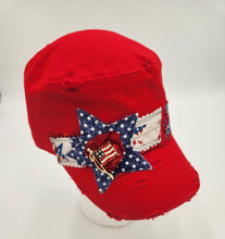 Load image into Gallery viewer, embellished baseball cap, handmade hats, women’s cadat hat, baseball trucker distressed hat, ball cap, josie t. designs, upcycled women’s hat, army cap, 
