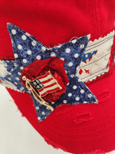 Load image into Gallery viewer, embellished baseball cap, handmade hats, women’s cadat hat, baseball trucker distressed hat, ball cap, josie t. designs, upcycled women’s hat, army cap, 
