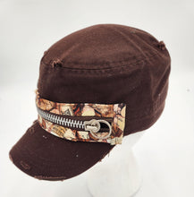Load image into Gallery viewer, embellished baseball cap, handmade hats, women’s cadat hat, baseball trucker distressed hat, ball cap, josie t. designs, upcycled women’s hat, distressed army hat
