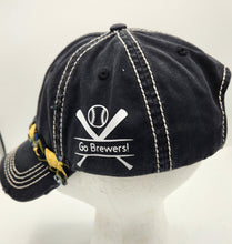 Load image into Gallery viewer, distressed baseball cap, vintage hat, boho hat, handmade hat,  shabby chic hat, rustic style hat, women’s casual hat, adjustable baseball cap, boutique fashion accessories , brewers baseball cap, milwaukee brewers cap
