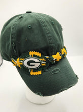 Load image into Gallery viewer, distressed baseball cap, vintage hat, boho hat, handmade hat,  shabby chic hat, rustic style hat, women’s casual hat, adjustable baseball cap, boutique fashion accessories , packers baseball cap, green bay packers baseball cap
