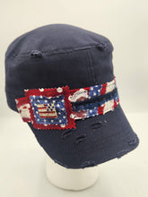 Load image into Gallery viewer, distressed baseball cap, vintage hat, boho hat, handmade hat,  shabby chic hat, rustic style hat, women’s casual hat, adjustable baseball cap, boutique fashion accessories , america baseball cap, america 250 hat
