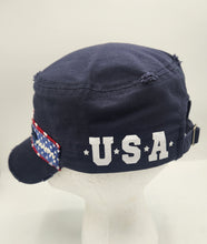 Load image into Gallery viewer, distressed baseball cap, vintage hat, boho hat, handmade hat,  shabby chic hat, rustic style hat, women’s casual hat, adjustable baseball cap, boutique fashion accessories , america baseball cap, america 250 hat
