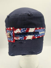 Load image into Gallery viewer, distressed baseball cap, vintage hat, boho hat, handmade hat,  shabby chic hat, rustic style hat, women’s casual hat, adjustable baseball cap, boutique fashion accessories , america baseball cap, america 250 hat
