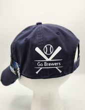 Load image into Gallery viewer, distressed baseball cap, vintage hat, boho hat, handmade hat,  shabby chic hat, rustic style hat, women’s casual hat, adjustable baseball cap, boutique fashion accessories , brewers baseball cap
