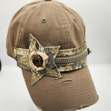 Load image into Gallery viewer, distressed baseball cap, vintage hat, boho hat, handmade hat,  shabby chic hat, rustic style hat, women’s casual hat, adjustable baseball cap, boutique fashion accessories 
