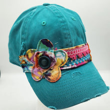 Load image into Gallery viewer, distressed baseball cap, vintage hat, boho hat, handmade hat,  shabby chic hat, rustic style hat, women’s casual hat, adjustable baseball cap, boutique fashion accessories 
