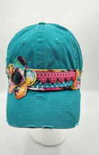 Load image into Gallery viewer, distressed baseball cap, vintage hat, boho hat, handmade hat,  shabby chic hat, rustic style hat, women’s casual hat, adjustable baseball cap, boutique fashion accessories 
