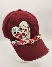 Load image into Gallery viewer, embellished baseball cap, handmade hats, women’s cadat hat, baseball trucker distressed hat, ball cap
