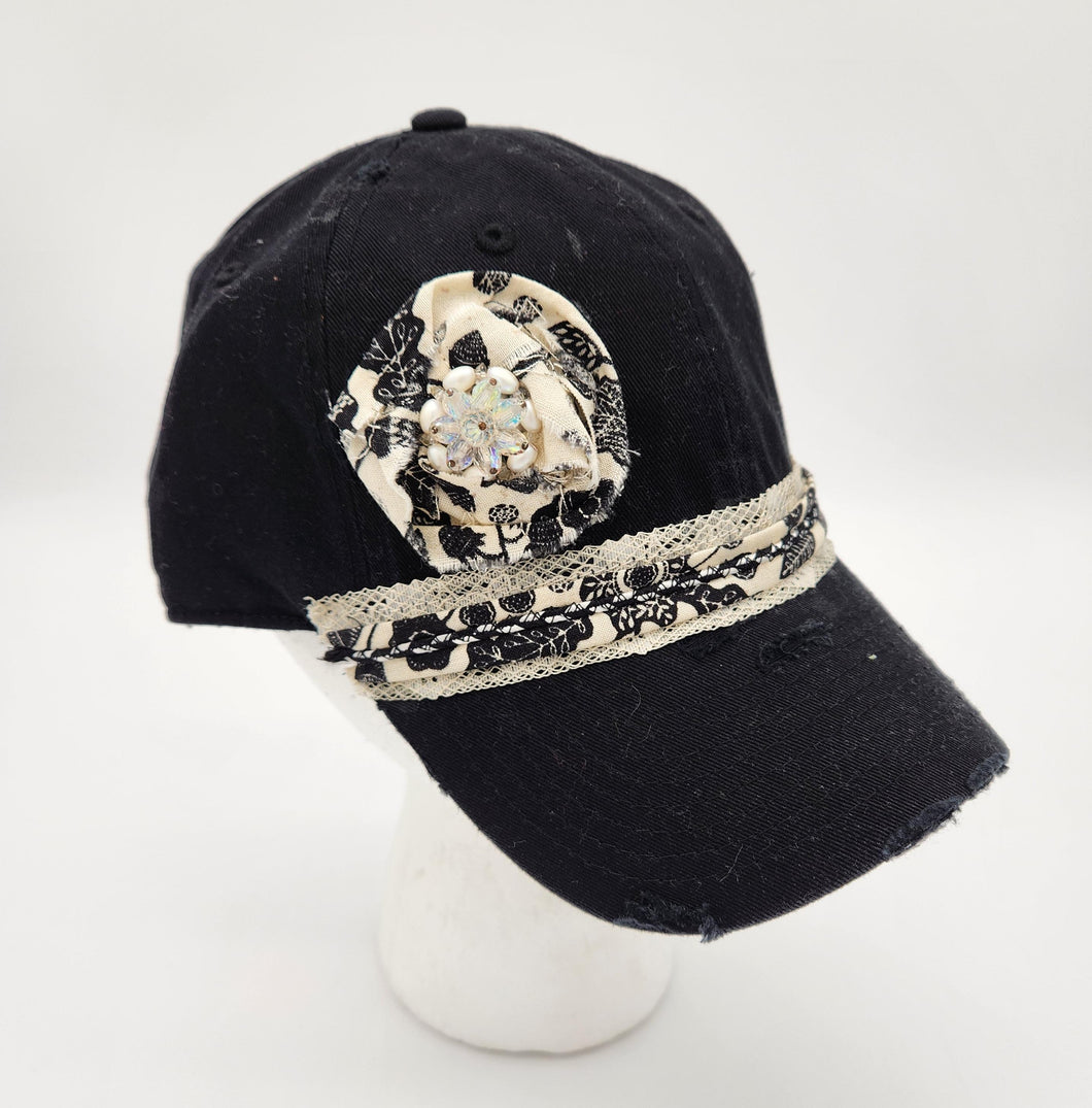 embellished baseball cap, handmade hats, women’s cadat hat, baseball trucker distressed hat, ball cap