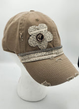 Load image into Gallery viewer, distressed baseball cap, book lover gift, upcycled fashion, literary hat, vintage book page flower, khaki cap with zipper, handmade cap, unique hat for readers, quirky gift idea, eco-friendly accessories


