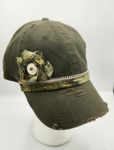 distressed olive green cap, camo flower hat, women’s zipper baseball cap, adjustable green cap, vintage style cap, unique casual hat, camo flower distressed hat, rugged fashion cap, military green hat women, boutique ball cap
