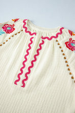 Load image into Gallery viewer, Beige Floral Embroidered Ricrac Puff Sleeve Textured Blouse
