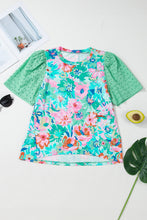 Load image into Gallery viewer, Green Floral Print Eyelet Embroidered Short Sleeve Crew Neck Top
