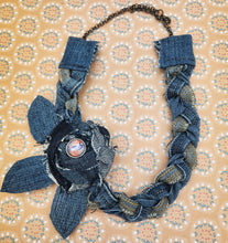 Load image into Gallery viewer, denim necklace, fabric necklace, handmade, upcycled, re-purposed, shops green bay
