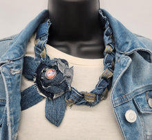 Load image into Gallery viewer, denim necklace, fabric necklace, handmade, upcycled, re-purposed, shops green bay
