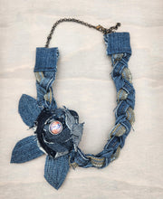 Load image into Gallery viewer, denim necklace, fabric necklace, handmade, upcycled, re-purposed, shops green bay
