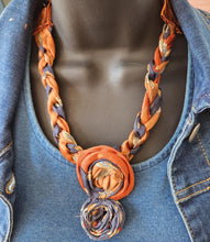 Load image into Gallery viewer, Textile necklace, upcycled jewelry, re-purposed jewelry, boho, handmade necklace
