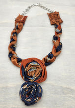 Load image into Gallery viewer, Textile necklace, upcycled jewelry, re-purposed jewelry, boho, handmade necklace
