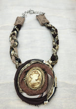 Load image into Gallery viewer, Textile necklace, upcycled jewelry, re-purposed jewelry, boho, handmade necklace
