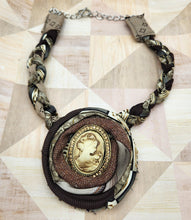 Load image into Gallery viewer, Textile necklace, upcycled jewelry, re-purposed jewelry, boho, handmade necklace
