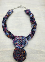 Load image into Gallery viewer, Textile necklace, upcycled jewelry, re-purposed jewelry, boho, handmade necklace
