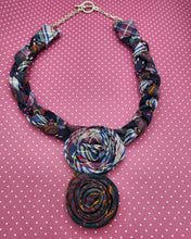 Load image into Gallery viewer, Textile necklace, upcycled jewelry, re-purposed jewelry, boho, handmade necklace
