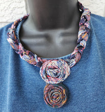 Load image into Gallery viewer, Textile necklace, upcycled jewelry, re-purposed jewelry, boho, handmade necklace
