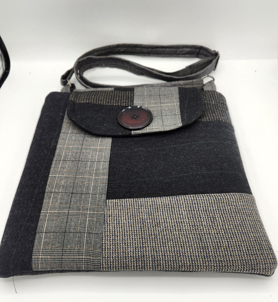 upcycled handbag, men's suitcoat bag, recycled wool purse, boutique green bay, crossbody bag, handmade purse