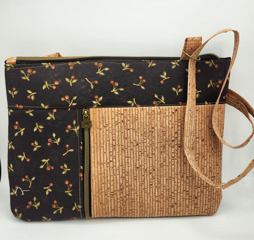 vegan cork handbag, cherry blossom print purse, handmade crossbody bag, eco friendly shoulder bag, cork fabric purse, sustainable fashion accessories, plant based leather bag, boho chic purse, cork and cotton bag, handmade vegan bag

