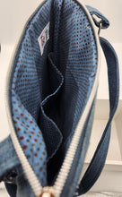 Load image into Gallery viewer, upcycled denim bag, handmade crossbody purse, floral appliqué shoulder bag, eco friendly tote, recycled jeans bag, boho denim handbag, sustainable fashion accessory, handmade shoulder bag, unique denim purse, artisan fabric bag, repurposed fabric crossbody
