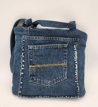Load image into Gallery viewer, crossbody bag, handmade purse, upcycled, repurposed denim, denim bag
