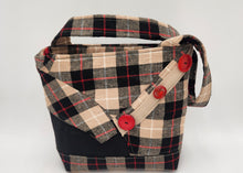 Load image into Gallery viewer, plaid shoulder bag

handmade patchwork purse

flannel plaid tote bag

red button accent handbag

boutique handmade bags

cozy fall tote purse
