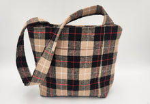 Load image into Gallery viewer, plaid shoulder bag

handmade patchwork purse

flannel plaid tote bag

red button accent handbag

boutique handmade bags

cozy fall tote purse
