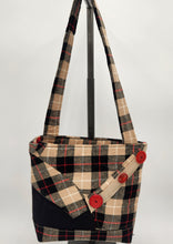 Load image into Gallery viewer, plaid shoulder bag

handmade patchwork purse

flannel plaid tote bag

red button accent handbag

boutique handmade bags

cozy fall tote purse
